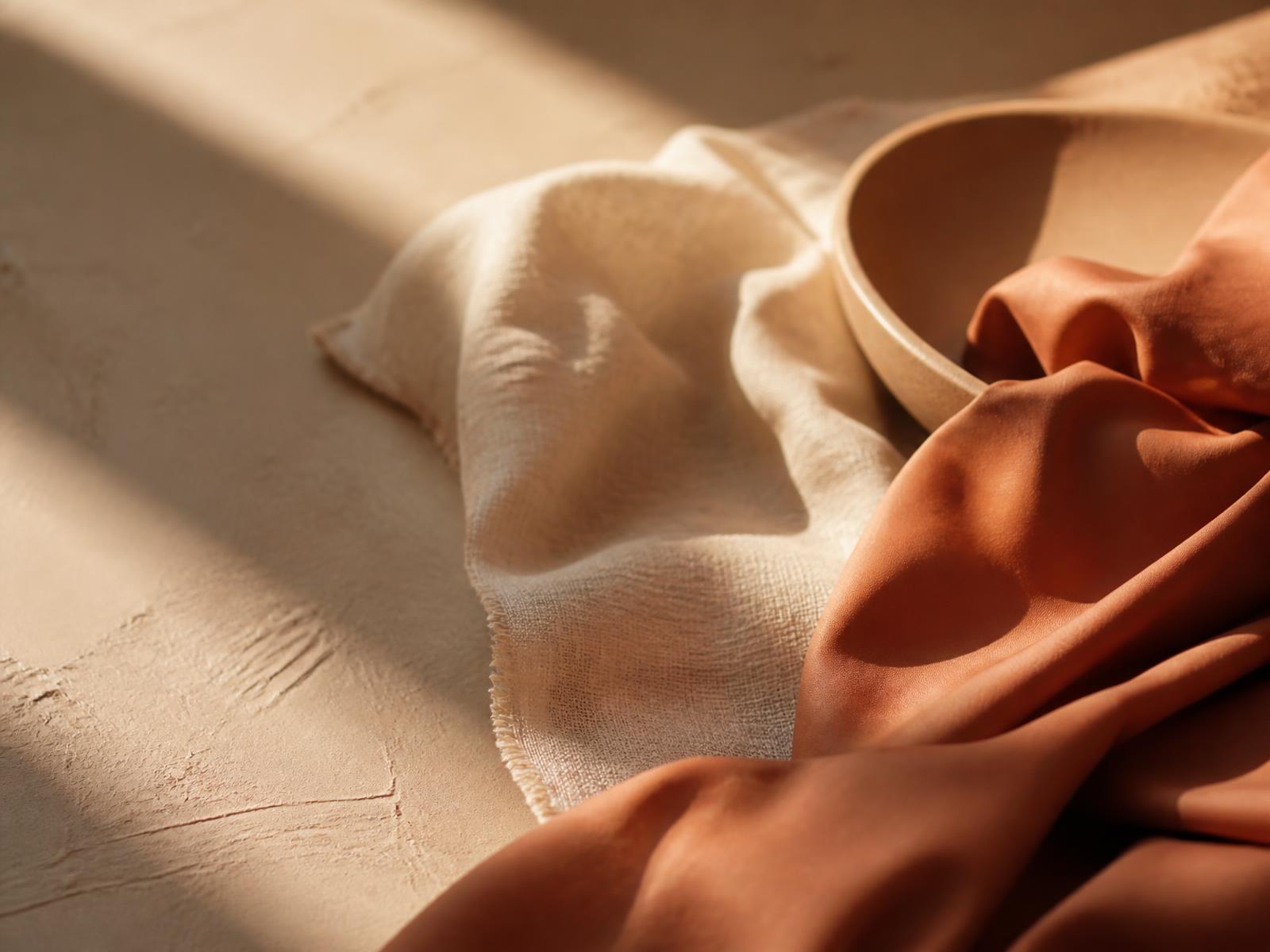 Warm draped linen and clay-toned silk in soft morning light